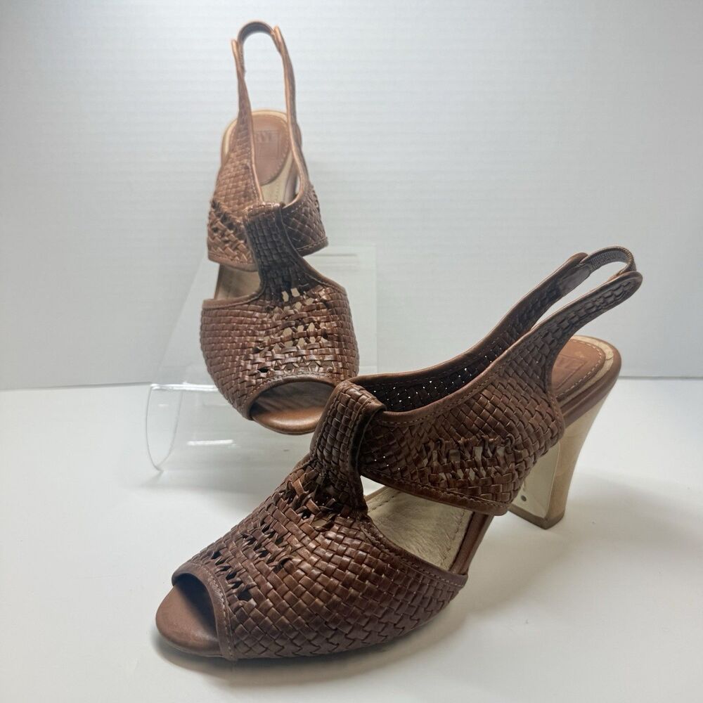 FRYE Ramsey Woven Cognac Tan Leather Slingback Sandal Heels Sz 7/7.5